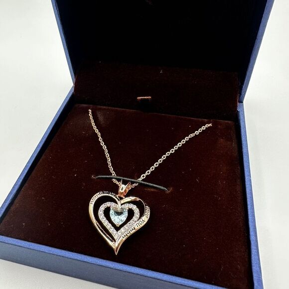 NIB Redbee 18kt GP, Rose gold over s925, "Aquamarine" CZ in heart necklace! - Picture 7 of 14
